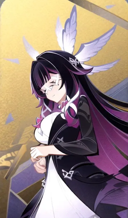 anime girl with long black hair and white dress holding a sword