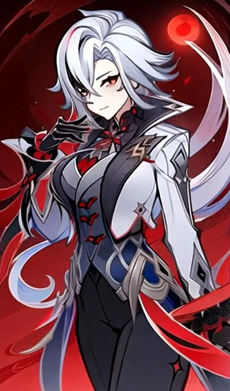 a woman with white hair and a sword in a red background