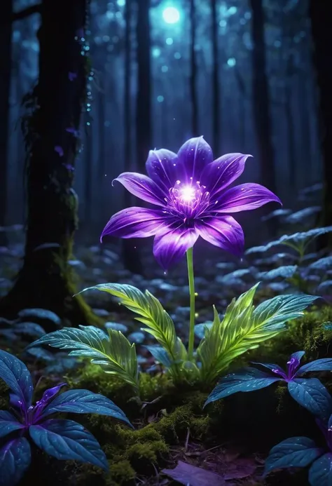 purple flower in the middle of a forest with green leaves