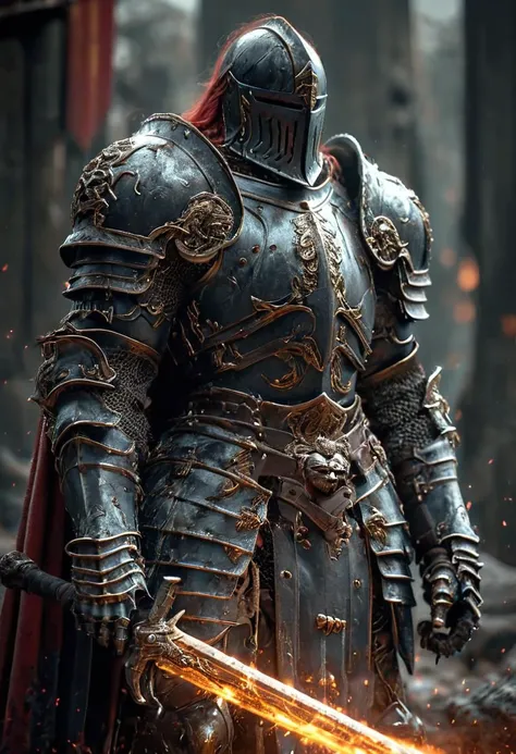 a close up of a knight in armor holding a sword