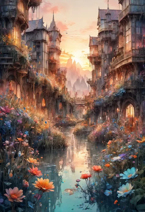 <(Digital watercolor Illustration of a summerscape sunset, by JB, Waterhouse, Carne Griffiths, Minjae Lee, Ana Paula Hoppe, Stylized watercolor art, Intricate, Complex contrast, HDR, Sharp, soft Cinematic Volumetric lighting, flowery pastel colours, wide l...