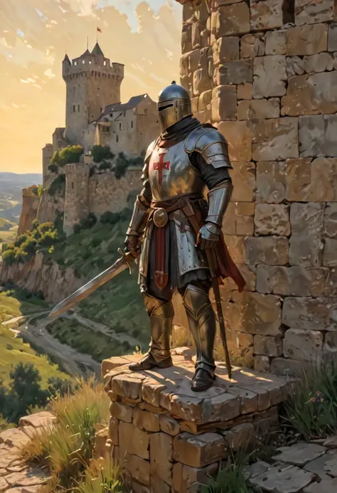 Medium: Oil on canvas, richly textured with impasto brushstrokes, evoking a sense of weathered stone and worn armor.  Scene: A lone Templar Knight stands vigil on the battlements of a majestic castle. Sunlight bathes the scene in a golden glow, casting lon...