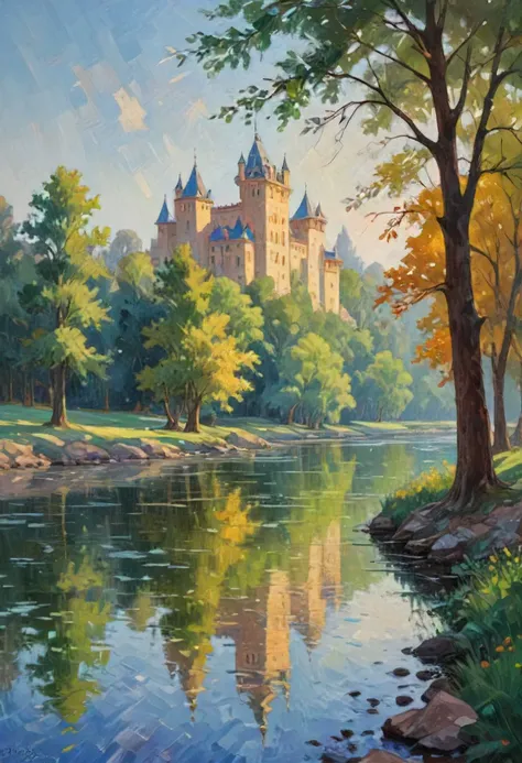 The Impressionism painting depicts a landscape with a large tree, a river, and a castle in the background. The artist has used a variety of brushstrokes and colors to create the impression of the scene. The blue and green colors of the river and the trees ...