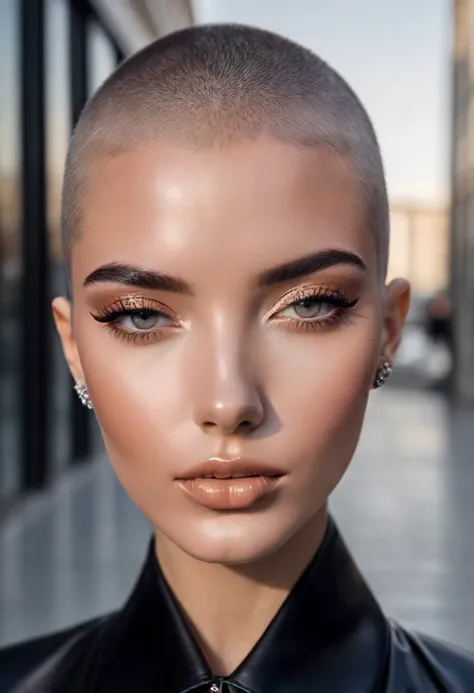 a close up of a woman with a shaved head and a black shirt