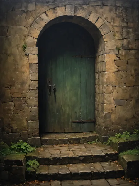 there is a green door in a stone building with steps