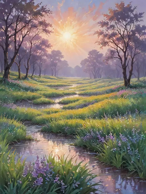 Sun-drenched meadows: Emerald blades dance in the foreground, their tips catching the golden light and shimmering like scattered emeralds. Loose, vibrant strokes suggest the gentle sway of the breeze. Distant hills: Cloaked in a hazy veil of lavender and b...