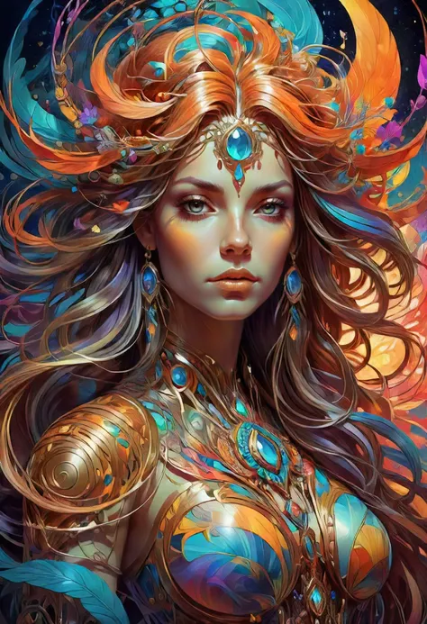 gorgeous woman with flowing hair, colorful, psychedelic, ornate, intricate, digital painting, concept art, smooth, sharp focus, illustration, art by artgerm and greg rutkowski and alphonse mucha