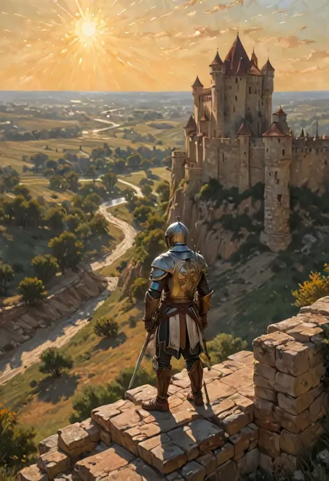 Medium: Oil on canvas, richly textured with impasto brushstrokes, evoking a sense of weathered stone and worn armor.  Scene: A lone Templar Knight stands vigil on the battlements of a majestic castle. Sunlight bathes the scene in a golden glow, casting lon...