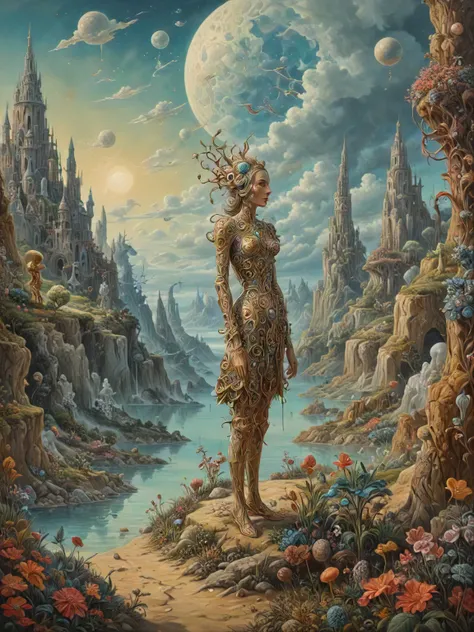 Surrealism Painting, a human figure on a whimsical mystical landscape, art by Breton and Carrington and Dal and Ernst and Fini and Magritte and Oppenheim and Picasso, intricate details,  oil on canvas, award winning, masterpiece, romanticism, D&D, fantasy,...