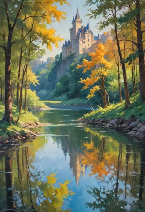 The Impressionism painting depicts a landscape with a large tree, a river, and a castle in the background. The artist has used a variety of brushstrokes and colors to create the impression of the scene. The blue and green colors of the river and the trees ...