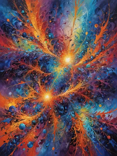 cosmic fractal reality, ((surreal abstract art)), expressionist oil painting, mystical and whimsical and magical world, bold brushstrokes,  bright palette, vivid colors, perfect rule of thirds composition, very sharp