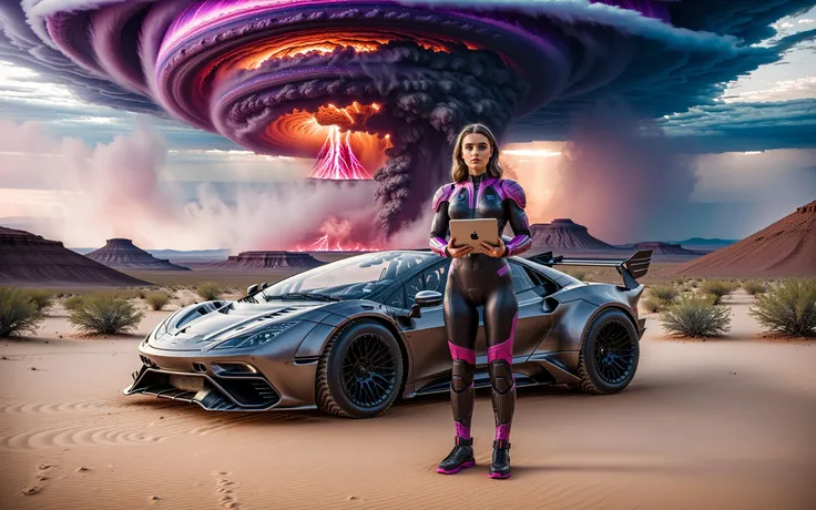 (masterpiece photo of 1girl standing in front of vehicle:1.3) ,full body wide angle cinematic shot [standing on path leading to alien city under glass dome], surreal purple sky,(standing woman holding tablet device:1.3), (vehicle focus:1.3),alien planet, s...