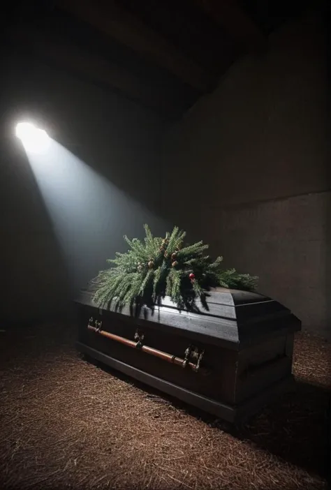 a dark room with a casket and a light shining on it