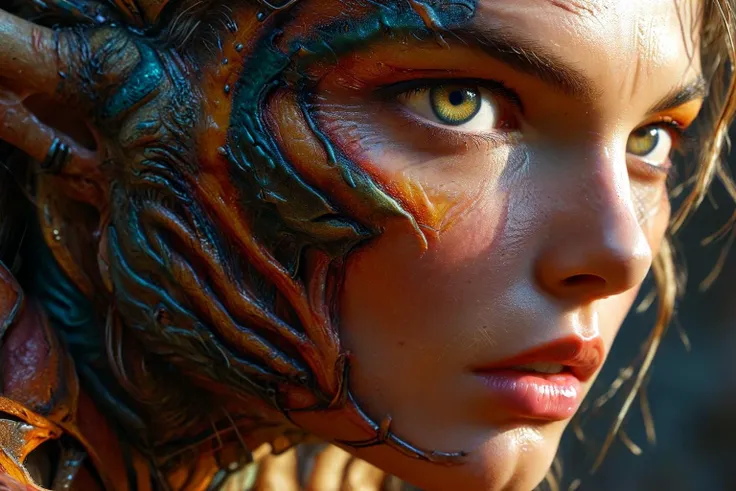 a close up of a woman with a dragon face and a dragon head