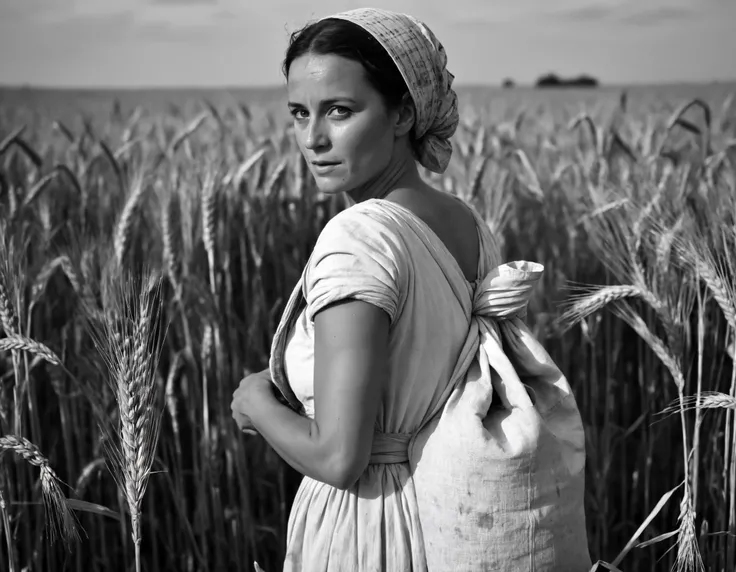 (black and white:1.3), picture of a white peasant (natural:1.1) woman carrying a big flour bag on her back trough a wheat field, 28j, artistic, bokeh background, hard light, (unintentionally sexy), (cleavage), torn linen clothes, 18th century, (dirty:1.09)...