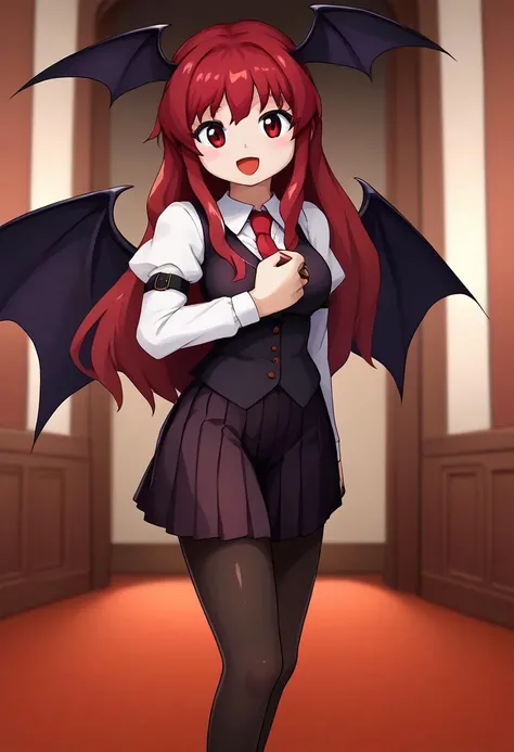 buttoned vest, black vest, black pantyhose, 
black pleated miniskirt, 
black bat wings, black head wings, 
long sleeves, puffy sleeves, arm belt, 
dress shirt, 
ZUN, parody, 
1girl, solo, koakuma, 
necktie, 
eyebrows, 
curvy, medium breasts, pale skin, 
sm...