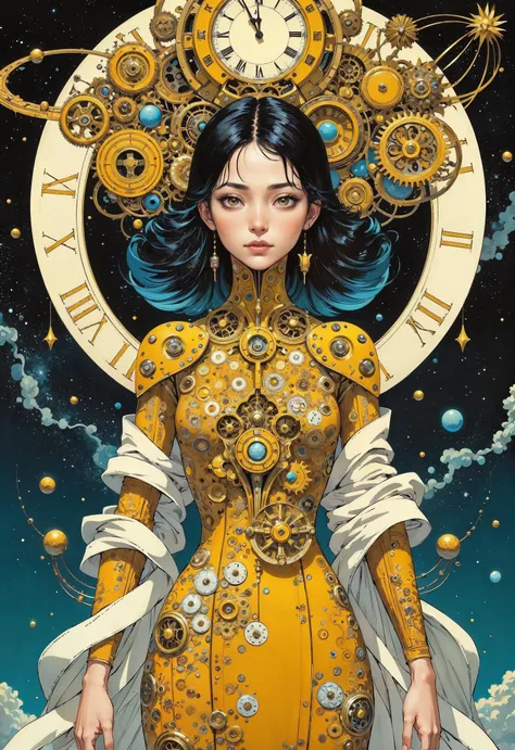 (in Otomo Katsuhiro style:1.2), high-quality, masterpiece, A female avatar of time, draped in a robe of interlocking golden gears and ticking clock hands, her heart a visible clockwork mechanism ticking steadily, Her eyes glow with the passage of time and ...