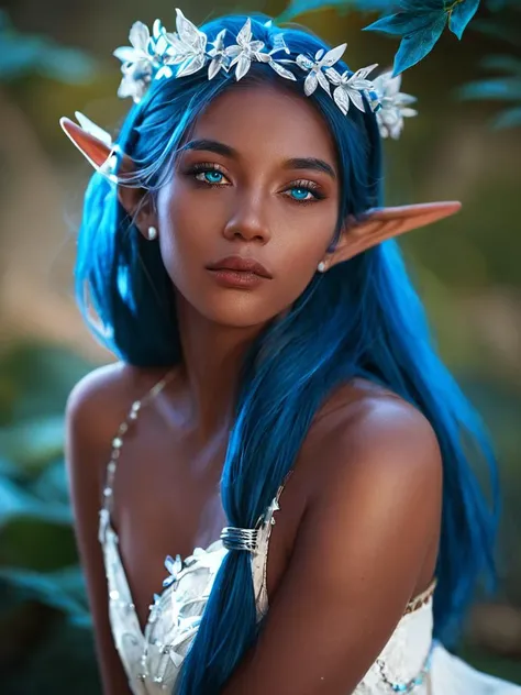 score_9,score_8_up,score_7_up,score_6_up,score_5_up,score_4_up,wrcrftcnmtc, cinemtaic, elf woman with dark purple skin and glowing cyan eyes, she have long blue hair, she wearing white dress with silver ornaments and head wreath made of leaves, film grain,...