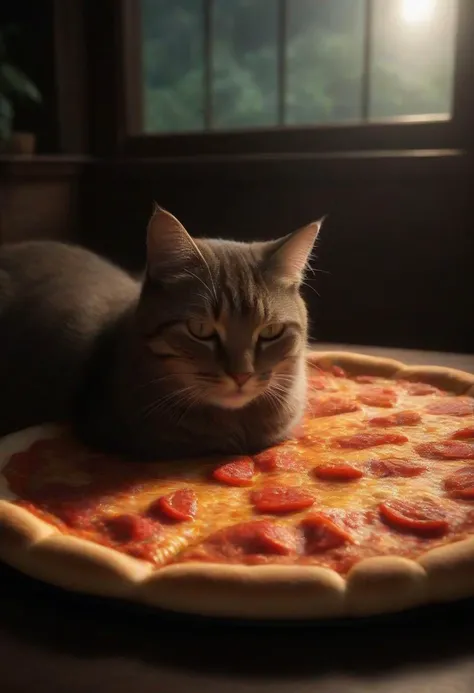 cute adorable and fluffy kitty sleeping ontop of a pizza what rests ontop of a pizza box, cat is wearing a tophat,  pizza, neko, cat, feline, cheese strings, juicy, perfectly baked pizza, juicy hawaian pizza, cozy atmosphere, creative light overlay, 4k, ma...