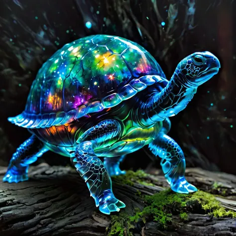 macro, fill the frame, from the side, photorealism, extremely detailed, best quality,
A gigantic transparent neon glass crystal turtle, hairless, 4 legs, short legs, glowing internally with a multicolored florescent galaxy of stars, swirls of light shine w...