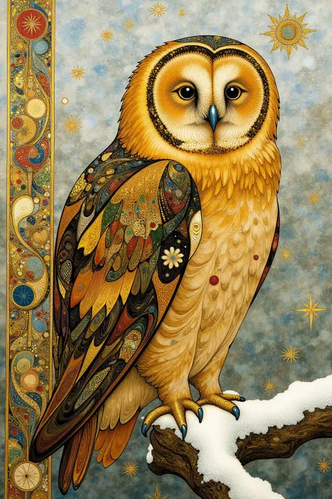 Medieval themed gold owl perched on a snowy branch. The overall picture is painted on textured marbled art paper, using the imagery and iconography of Medieval history to provide a convincing sense of antiquity. Intricate brush strokes and goldleaf provide...