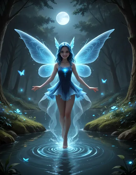 (score_9, score_8_up, score_7_up:1.3), BREAK 1girl, solo, (full body shot:1.2), (anatomically correct:1.2), (crazy smile:1.2),
fairy, ghost, blue glow, flying over water, huge moon hanging over lake, blue glowing butterflies, forest in background, blue glo...