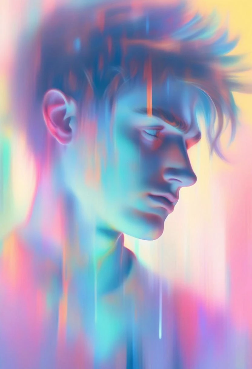 masterpiece, illustration, young man in heartache, ethereal, blur, glow, vignette, distorted, glitch, fresh hairstyle