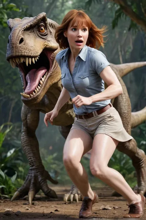 absured caricature, sexy,  Jurassic World,Claire Dearing running from a dinosaur: "Bryce Dallas Howard, Jurassic World, running, dinosaur chase, action pose"