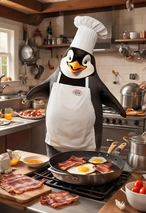 A penguin, wearing a chefs hat and apron, skillfully (frying bacon) and eggs in a sizzling pan. The pig is standing in a well-equipped kitchen with a smiling face, showcasing its culinary skills. The background features a cluttered countertop with various ...