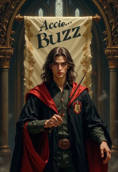 masterpiece, an image of Harry Potter wearing his Gryffindor robes, inside Howgarts castle, holding his wand. Above Harry Potter, there is an old-looking scroll that says Accio... Buzz