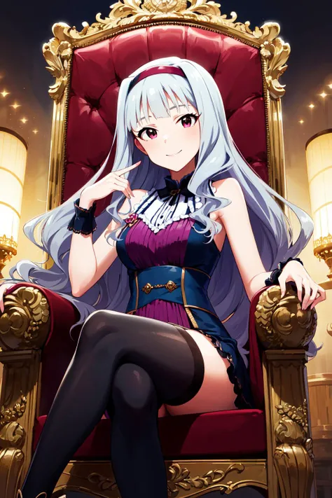 masterpiece, best quality, highres, aatakane, long hair, hairband, <lora:shijou_takane_v1:0.7>, idol clothes, sitting, crossed legs, throne, smile