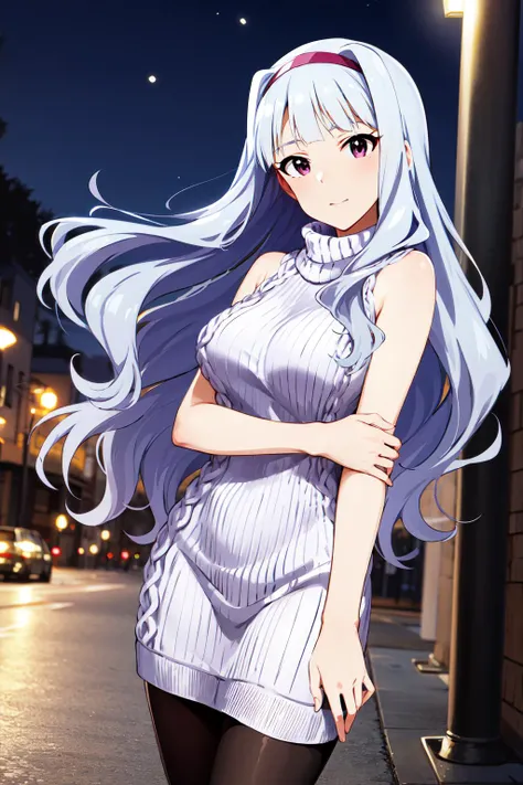 masterpiece, best quality, highres, aatakane, long hair, hairband, <lora:shijou_takane_v1:0.7>, sweater dress, ribbed sweater, virgin killer sweater, turtleneck, sleeveless, outdoors, standing, night, street,