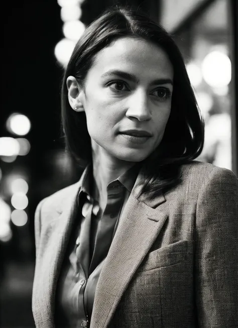 candid RAW close up portrait photo of sks woman in a (purple colored suit:1.0) on a dark street with shopping windows (at night:1.2), bokeh, Ilford Delta 3200 film, dof, high definition, detailed, intricate, flashlight, <lora:locon_aoc_v1_from_v1_64_32:1>