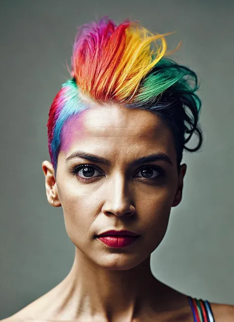 portrait of sks woman by Flora Borsi, style by Flora Borsi, bold, bright colours, rainbow Mohawk haircut, ((Flora Borsi)), <lora:locon_aoc_v1_from_v1_64_32:1.25>