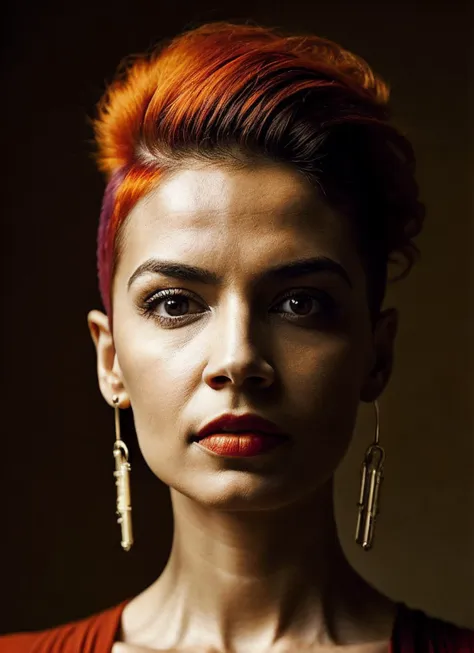 a close up of a woman with a red hair and earrings