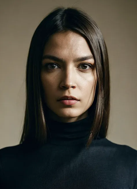 a woman with long hair wearing a black turtle neck sweater