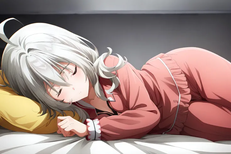 1girl, solo, medium hair, bangs, hair between eyes, ahoge, grey hair, closed eyes, sleeping, bed, pajamas clothes, vera_rustamova