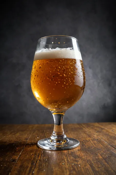 ((non-alcoholic beer style, varies, typically clear, light head)), beer glass,  ((eye-level angle view medium close shot (focus ...