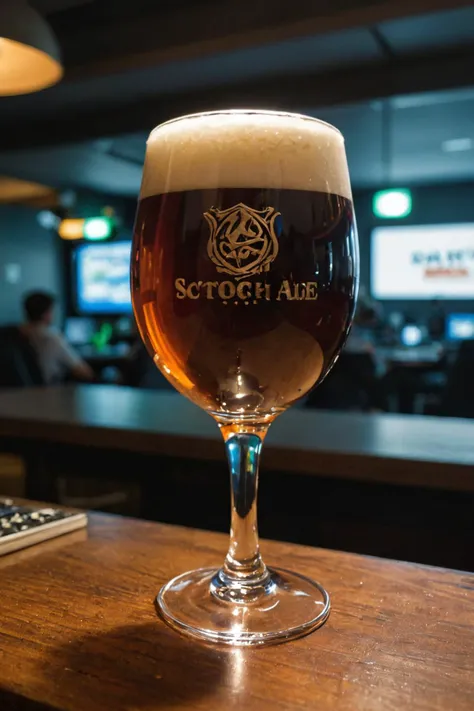 ((scotch ale style, deep amber to brown, off-white head)), beer glass,  ((eye-level angle (from behind) view close shot (focus o...