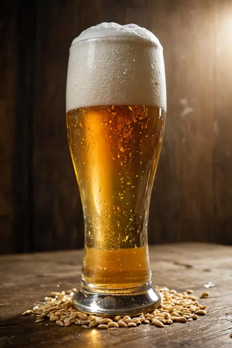 ((wheat beer style, pale straw to golden, white foamy head, hazy, high carbonation)), beer glass,  ((ground level view medium cl...