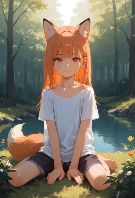 a girl sitting on the ground with a fox head on her head