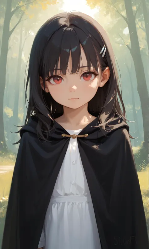 a girl in a black cape is standing in the woods