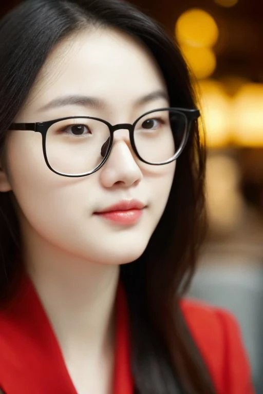 a close up of a woman wearing glasses and a red jacket