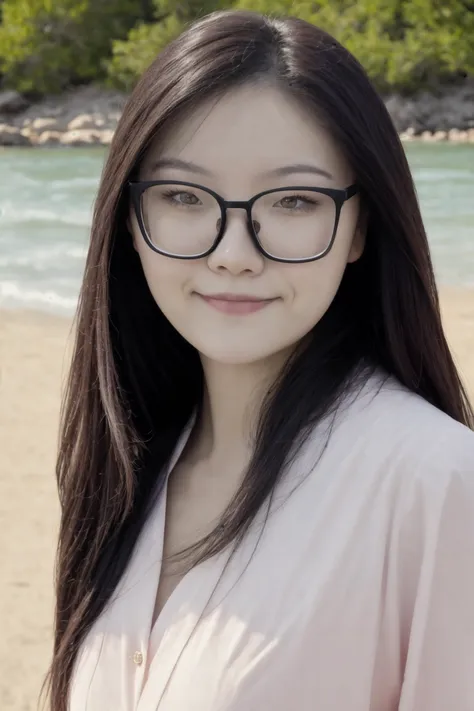 a close up of a woman wearing glasses standing on a beach