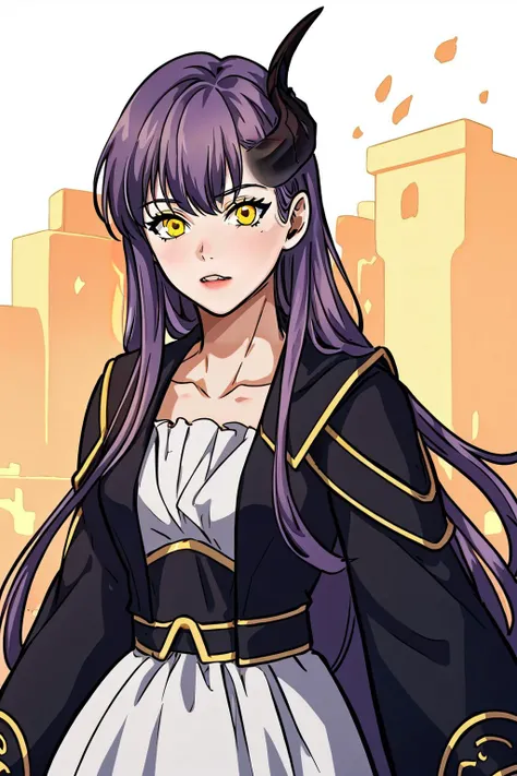 (masterpiece, best quality),  intricate details,
1girl,   <lora:edora:0.8> 1girl, purple hair, yellow eyes, long hair, single horn,, 1girl, purple hair, yellow eyes, long hair, single horn,
 <lora:bloodfang:0.8> Bloodfang,