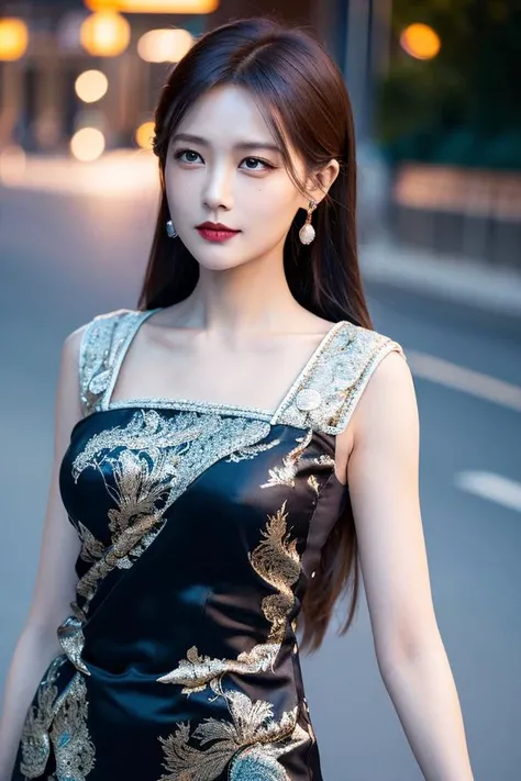 masterpiece, top quality, official art, extremely detailed CG unity 8k wallpaper, cinematic lighting, (perfect shiny skin:0.6), slim and smooth lines, (floating), (small breasts:1),  earrings , (sleeveless chinese clothes:1.5), floral print,  depth of fiel...