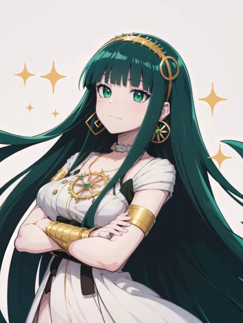 masterpiece, best quality, anime, flat color, cel shading, (contrapposto, crossed arms:1), 
cleodress, dress, white dress, 1girl, long hair, blunt bangs, green eyes, very long hair, green hair, hairband, jewelry, hoop earrings, medium breasts, simple backg...