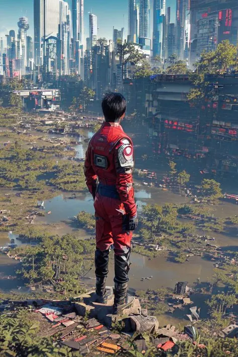 a man in a red suit standing on a rock looking at a city