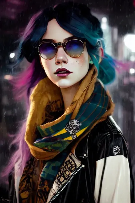 (piroxiumdiffusion style:0.5), highly detailed portrait of a sewer emo punk lady student, sunglasses, blue eyes, tartan scarf, w...