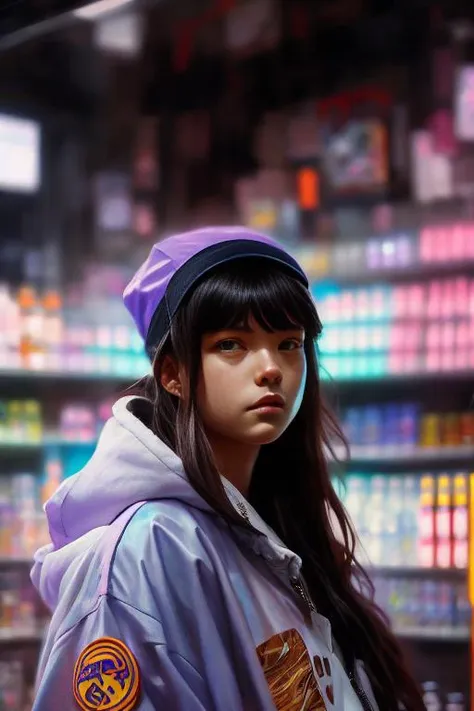 (piroxiumdiffusion style:0.5), a ultradetailed beautiful panting of a stylish girl wearing streetwear in a convenience store, oi...